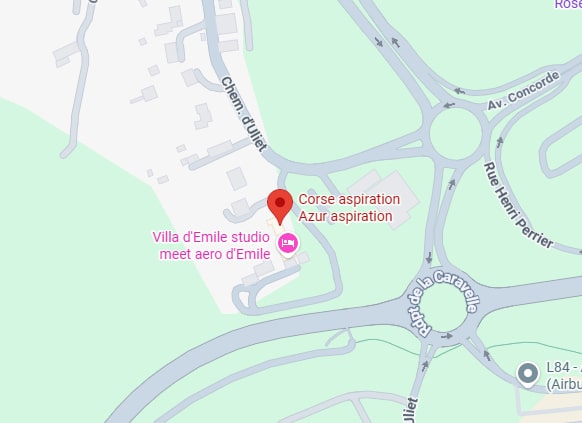 Carte Toulon : Corse Aspiration, Villa d'Emile Studio et Chem. d'Uliet. Carte routière près de Toulon : Chem. d'Uliet, Rddpt de la Caravelle. Emplacements marqués pour Corse Aspiration, Azur Aspiration et Villa d'Emile studio.